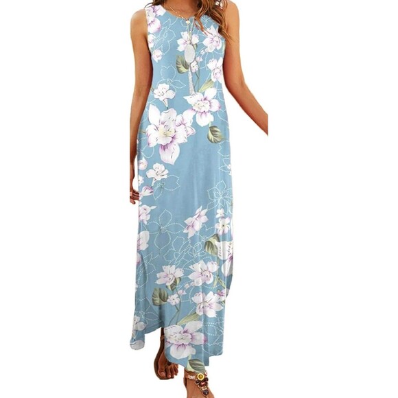 Hount Maxi Dress Blue Floral Tank Large Pockets Side Slits Stretch Sundress - Picture 7 of 9